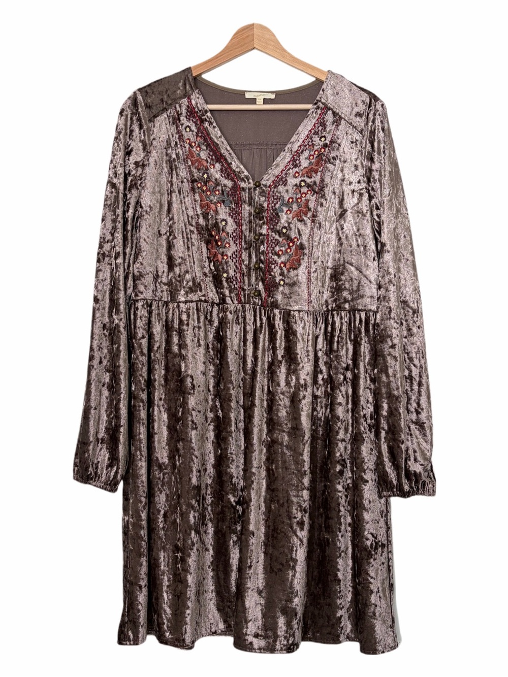 Mystree Velvet Embroidered V-Neck Dress in Taupe Size Medium Boho Earthy